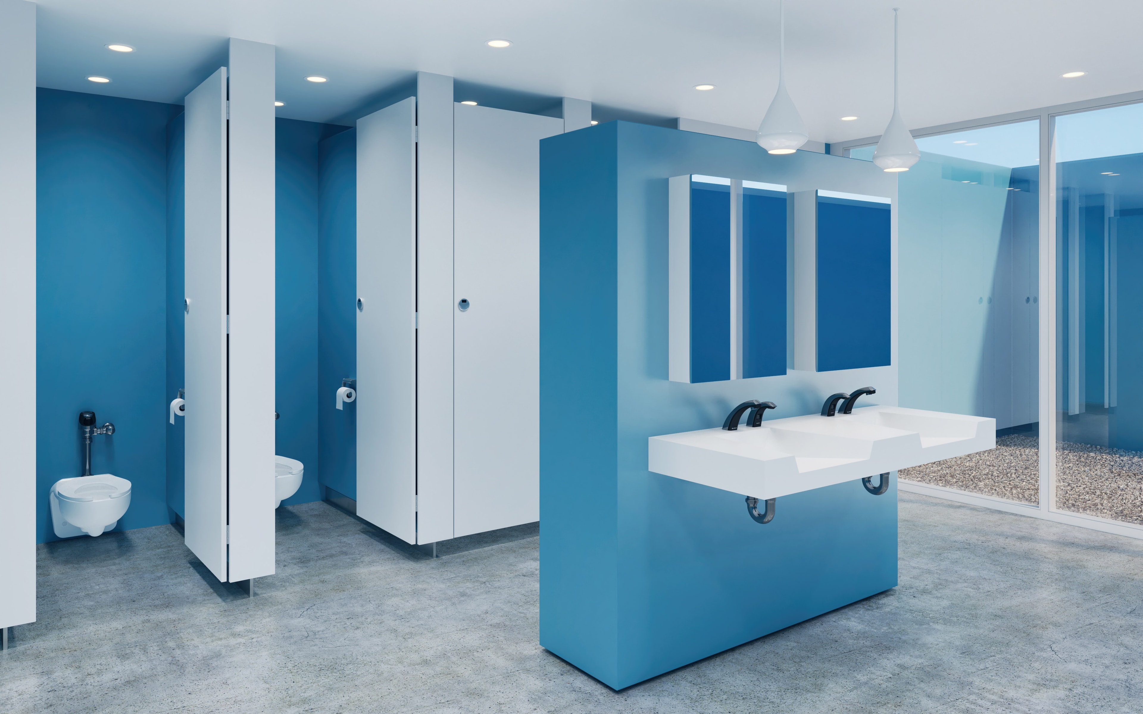 Modern public restroom with blue and white interior